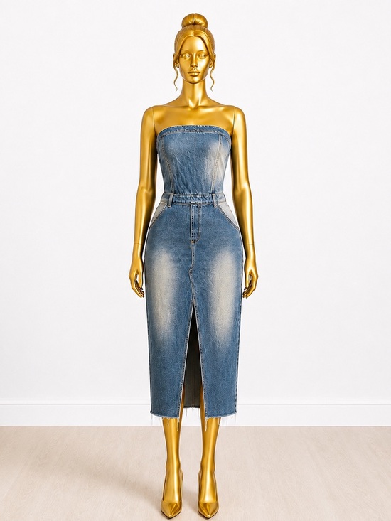 Fashion Nova Dresses & Skirts - Fashion Nova Strapless Light Wash Denim Midi Dress Front Slit Size Medium
